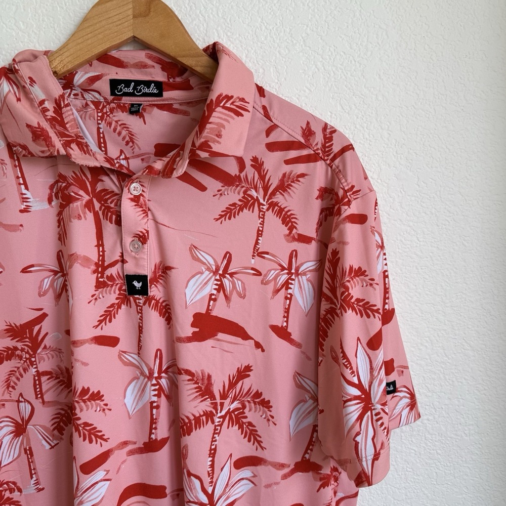 Bad Birdie Ricky Rose Golf Polo Men's XL Performance Pink Palm Tree White Lotus